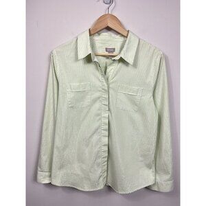 Chicos Shirt Womens Size 2 Green Button Down 3/4 Sleeve Silver Stripe  XL